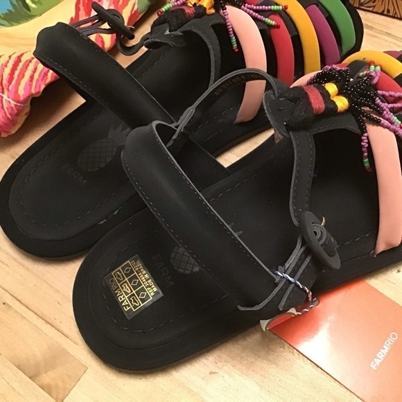 Farm Rio Beaded Rainbow Tube Strap Tassel Sandals with tropical print dust bag … - Picture 7 of 9